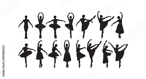 Elegant ballet dancers in various poses silhouette against white background isolated on transparent background