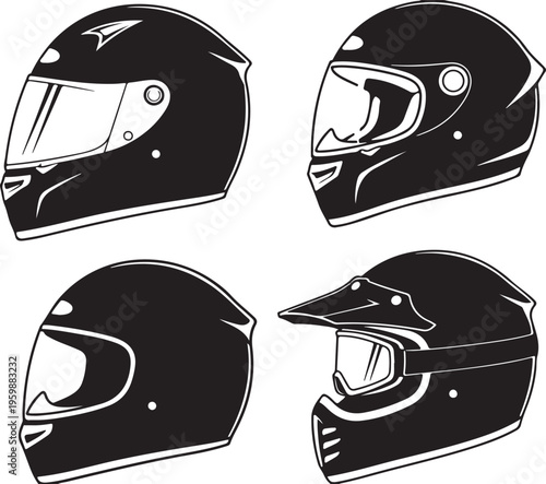 Motorcycle helmets collection, different types, protective headgear for riders