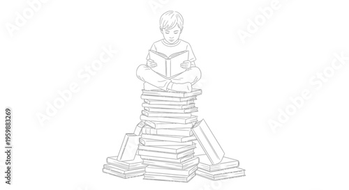 Young boy engrossed in reading a book atop a towering stack of literature.