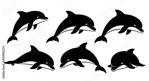 Set of Six Black and White Dolphins Jumping and Swimming in Ocean Water
