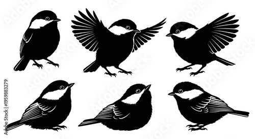 Set of Six Black and White Chickadee Bird Silhouettes in Various Poses