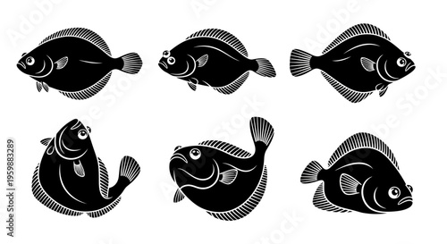 Set of six black and white flatfish illustrations, linocut style, isolated on white background