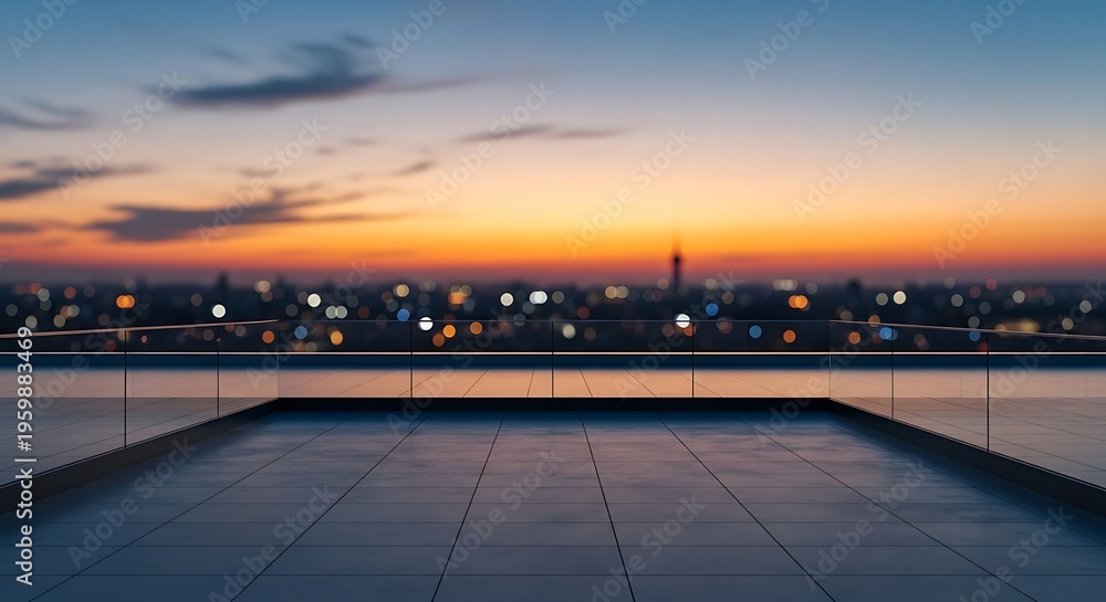Fototapeta premium Rooftop terrace overlooking city skyline at sunset with warm orange and blue sky and distant lights creating a magical ambiance