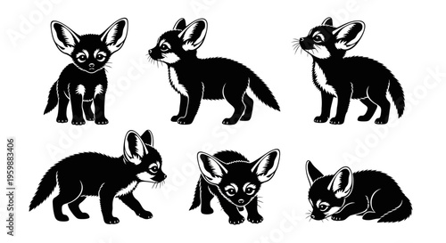 Set of six black and white illustrations of fennec foxes in various poses