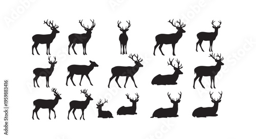 A group of deer silhouettes in various poses and antler shapes on white background isolated on transparent background