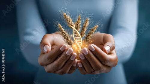 Hands holding wheat ears with a glowing DNA strand, agricultural biotechnology, plant science and food innovation
