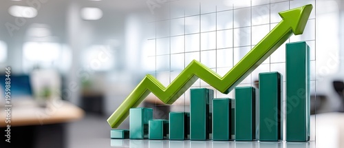 Abstract glass arrow pointing up with bar graph on green background in office space showing business growth concept with copy space