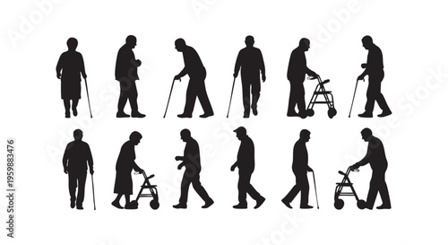 A series of silhouettes showing people walking with various types of walking aids isolated on transparent background