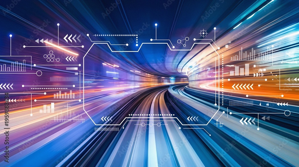 Fototapeta premium Digital data visualization dashboard with charts and graphs on a high-speed motion blur tunnel background.