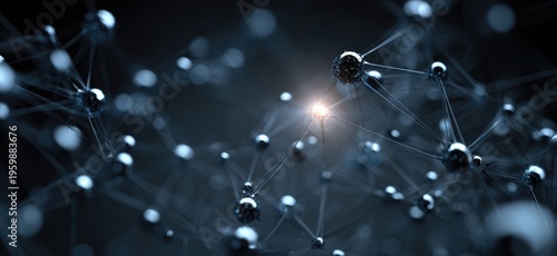 A close-up view depicts a complex network of interconnected spheres linked by lines. A central point of light illuminates the scene, creating a sense of depth and connection