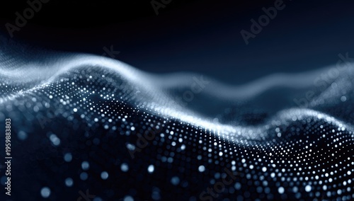 A close-up view depicts a flowing, undulating surface composed of numerous illuminated dots, creating a sense of depth and movement