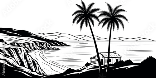 Tranquil coastal scene with palm trees and a quaint beachside house