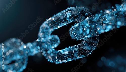 A close-up view depicts a glowing, ethereal chain constructed from a mesh of light and particles against a dark background