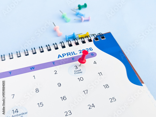 2026 Good Friday marked on calendar red push pin