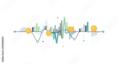 Financial Data Visualization Banner. Abstract Investment Growth Chart with Dollar Coins, Stock Market Analysis, and Business Graphs.