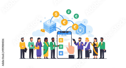 Global Fintech App Illustration: Diverse Users Accessing Mobile Banking, Digital Money Transfer, and Cloud Financial Services.