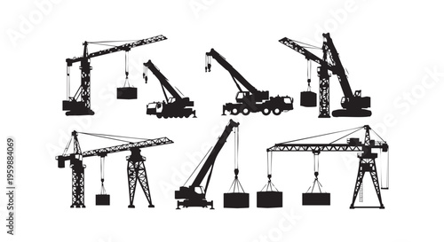 Different types of cranes used in construction sites and industries isolated on transparent background