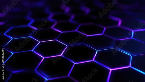A close-up view depicts a pattern of interconnected hexagons, glowing with gradients of purple, blue, and pink against a dark backdrop