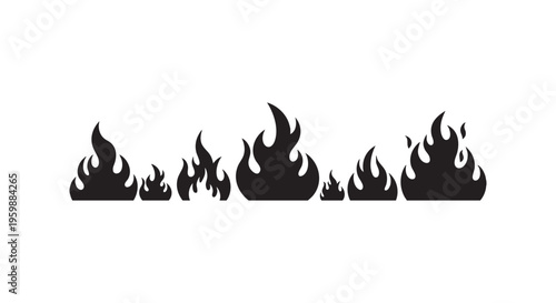 A black silhouette of various flame designs on a white background isolated on transparent background