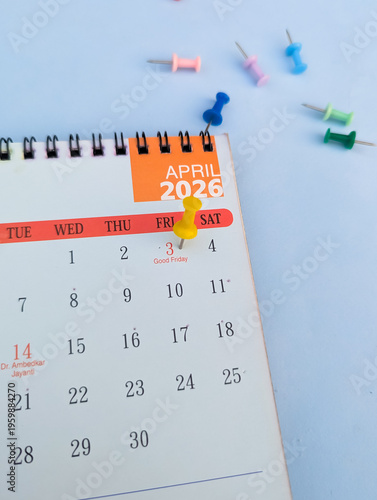 2026 calendar  good friday marked with yellow push pin