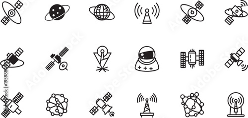 Satellite Technology and Space Communication Line Icons Set
