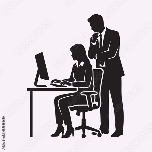 Manager Supervising Employee Concept, Human Silhouette Boss Standing Behind Worker, Minimal Vector
