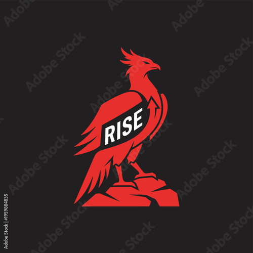 Red Phoenix Bird Logo with RISE Text and Upward Arrow Symbol.