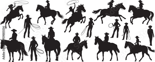 silhouette cowboys, cowgirls, and horses in various action poses, such as riding, jumping, and using a lasso set, vector illustration