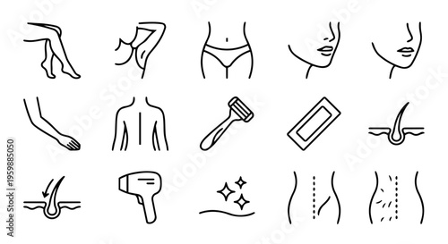 Female Hair Removal Line Icons Set – Body Zones, Shaving, Waxing and Skincare Symbols