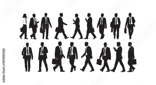 A group of business people walking in different directions in silhouette isolated on transparent background