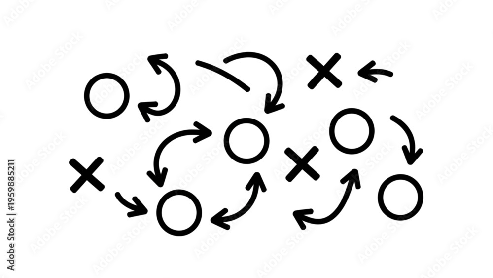 Fototapeta premium A strategic sports tactical diagram showing player movements with circles and crosses and arrows Vector