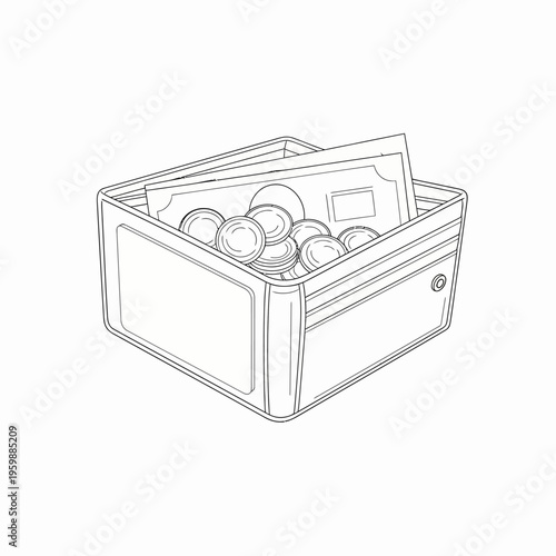 Open wallet filled with cash and coins line art.