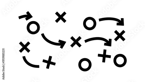 A tactical diagram showing movement patterns for a sports game with circles crosses and arrows Vector