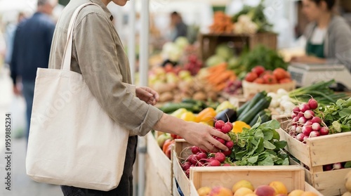 Woman choosing fresh organic radishes from a wooden crate at an outdoor farmers market, carrying a reusable tote bag, promoting sustainable shopping and healthy eating