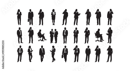 Collection of business people in various professional poses and actions isolated on transparent background