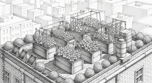 Detailed architectural sketch of an urban rooftop garden design.