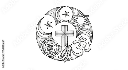 Religious symbols united in a circular emblem representing peace and harmony.