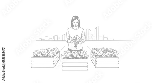 Woman harvesting fresh vegetables from urban garden.