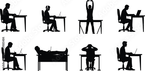 Set of black vector silhouettes featuring men working at desks with laptops in various poses including sitting standing stretching and relaxing isolated on white.