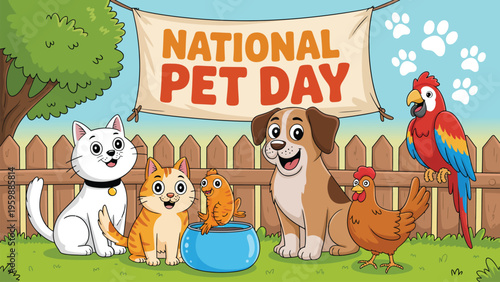 National pet day cartoon illustration with cute animals dog cat bird farm scene celebrating pet love care friendship playful design concept