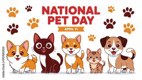 National pet day cartoon illustration with cute dogs and cats paw prints celebrating animal love care april eleven festive design concept