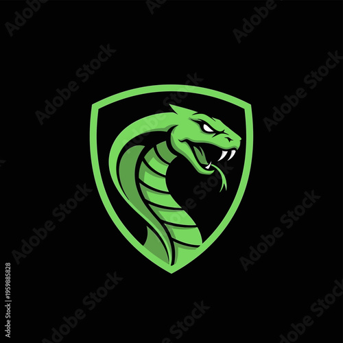 Vibrant green cobra head emblem with fangs and tongue.