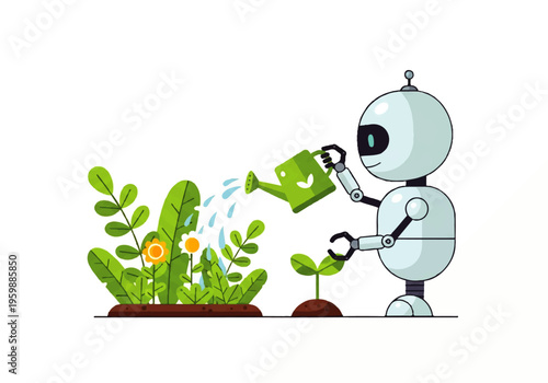 Robot watering green plants with pot.