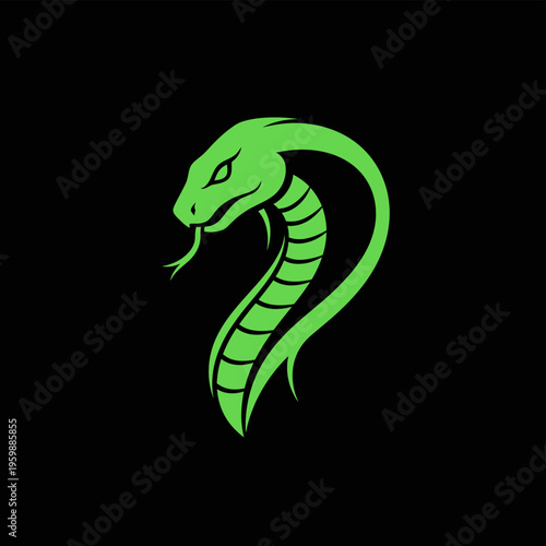 Vibrant Green Cobra Head with Tongue Out on a Dark Background.