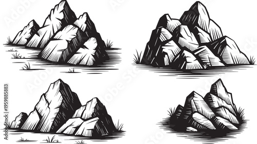 Silhouette rocky hillside mountain peaks set. different jagged peak formations, vector illustration isolated on a white background