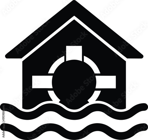 House flooded with water damage and rescue sign