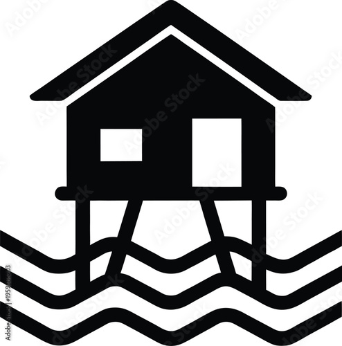Black silhouette of a stilt house in floodwaters with a gable roof