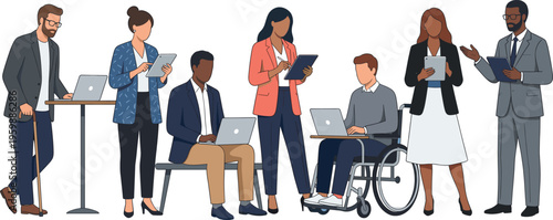 Diverse inclusive business professionals working together using laptops and tablets in modern office environment representing accessibility and equal opportunity