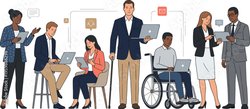 Diverse multicultural business professionals working together using laptops and tablets in an inclusive modern office environment with accessibility features