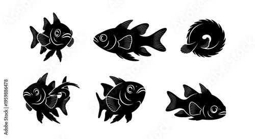 Set of Six Black Fish Silhouettes, Various Poses, Isolated on White Background